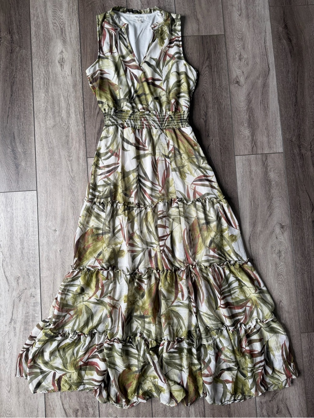 Haver & Blair- Bohemian Tropical-Leaf Ruffled Maxi Dress (M) Vacation Ready 🌴